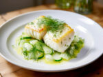 Syltexklusiv Rezepte: Gebratener Kabeljau auf Gurken Dill Ragout mit Zitronenöl